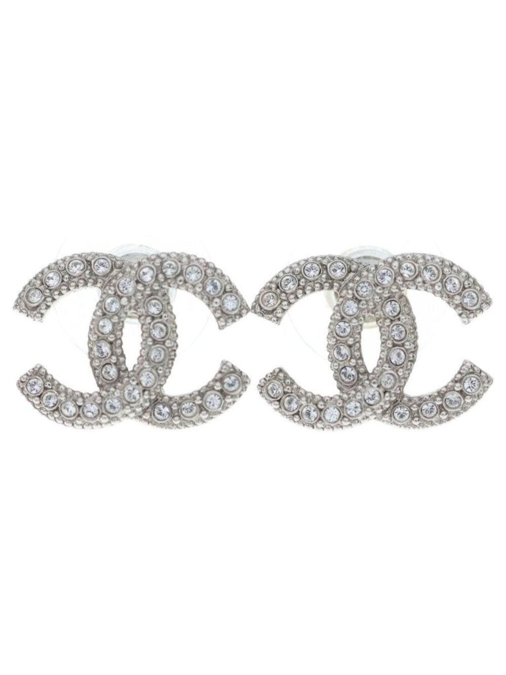 Chanel CC Logo Rhinestone Earrings Silver